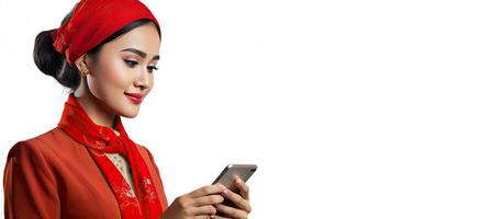 Indonesia celebrates independence day as a woman with a headband and red kebaya looks aside to an idea on copy space holding her phone photo