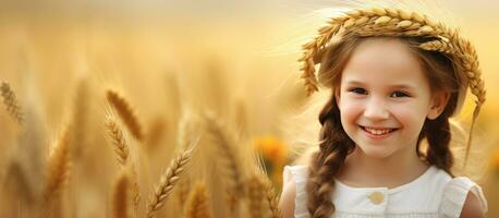 Cute little girl with wheat wreath and bread on golden wheat field photo