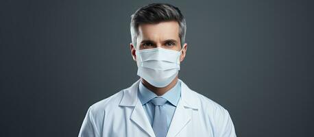 Male doctor in white coat and medical mask and gloves looks at camera on gray isolated background with copy space photo