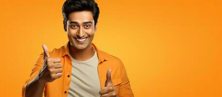 The attractive Indian man is happily posing and showing a thumbs up isolated on an orange backdrop for advertisement photo