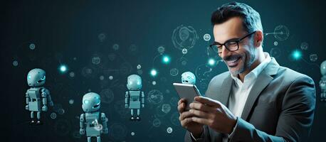 Smiling person using phone robot speech bubbles AI aiding in communication or work simplifying life Online virtual assistant Empty area for text photo