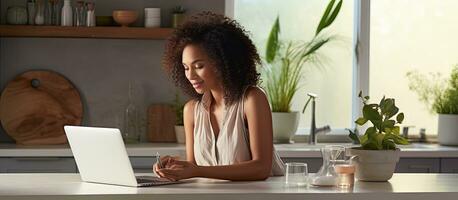 Biracial woman using laptop for medical consultation at countertop without changing lifestyle or domestic life photo