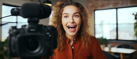 Contemporary young woman filming vlog for beauty and lifestyle channel talking energetically to camera photo