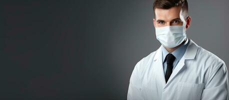 Male doctor in white coat and medical mask and gloves looks at camera on gray isolated background with copy space photo