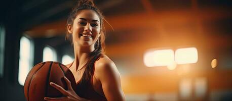 Smiling Caucasian woman basketball player with ball on court blank area Unchanged sport activity and lifestyle photo