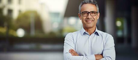 Confident mature leader businessman smiling at the camera with office background photo