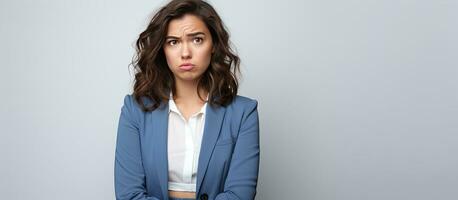 Worried brunette secretary in blue jacket on white background photo