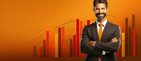 Colorful graph and candlestick icons on empty copy space orange background depicting finance investment and profit complement a smiling businessman with h photo