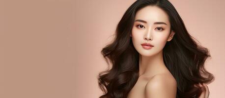 Asian woman with long curly hair and flawless skin showcases Korean inspired makeup and reveals an open hand with available space on a neutral background photo