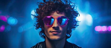 Close up portrait of a stylish young man in black attire sporting glasses and curly hair against a blue background adorned with mixed neon lights embodyin photo