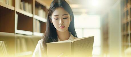 asiático mujer con un abierto libro estudiando a el Universidad biblioteca foto