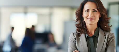 Middle aged Latina businesswoman confident and attractive standing in an office setting with crossed arms smiling at the camera photo