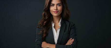 Smiling young businesswoman posing against a dark background with space for text projecting a cheerful demeanor photo