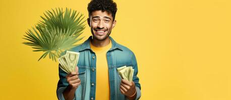 Latino man with money yellow background showing copy space on palm photo