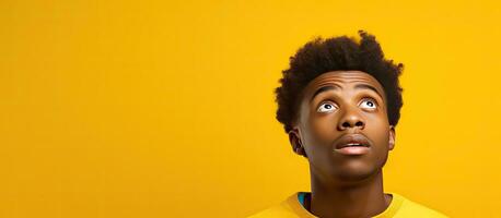 Contemplative African teenager on yellow background gazes upwards pondering photo