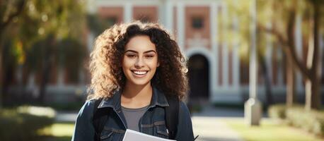 Happy young student posing outdoors near college building with backpack and books enjoying educational programs and studentship copy space available photo