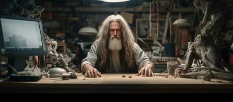 Portrait of elderly man in workshop making arm prosthetics and using laptop empty area photo