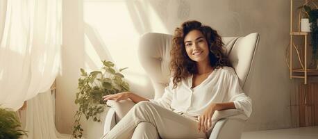 Female model sits on chair at home smiling and relaxed modern stylish interior scandi lifestyle blank area photo