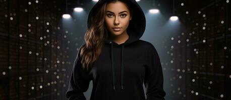 Female model wearing mock up black hoodie with a streetwear logo on the shirt photo