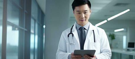 Confident doctor using tablet in hospital setting dressed in lab coat and tie photo