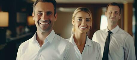 Group of people preparing for business conference in a hotel room posing happily in front of the camera wearing white shirts photo