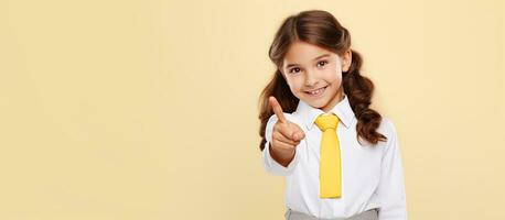 Happy girl in uniform pointing and looking at camera isolated on white background photo