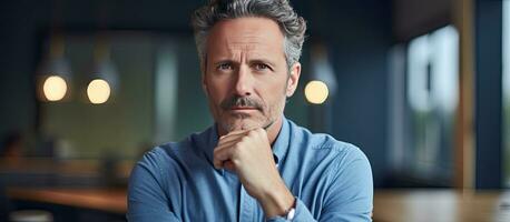 Middle aged man with serious expression standing against blue studio wall looking sad holding back emotions contemplating a problem with empty space photo