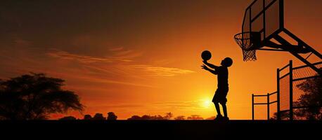 adolescente masculino jugando baloncesto a puesta de sol sombra con espacio para texto foto