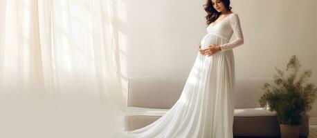 Pregnant woman in white dress happy and holding belly Spacious photo