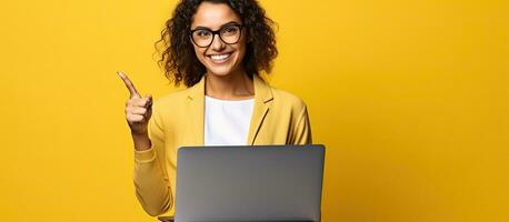 A European woman holds a blank laptop screen and gives a thumbs up in a studio portrait on a yellow background with empty space for copying or mock ups photo