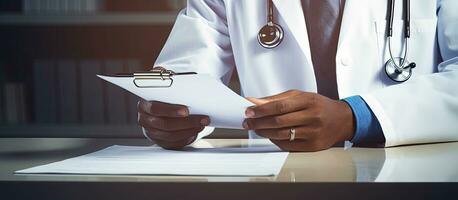 Internist holding prescription ready for photo with empty area