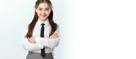 Happy girl in uniform pointing and looking at camera isolated on white background photo