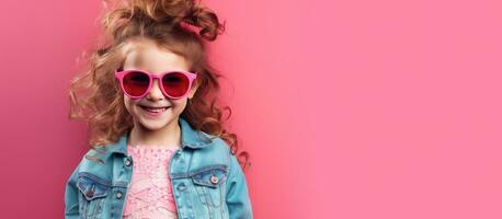 foto de un contento pequeño Moda niña con elegante Mira rosado Gafas de sol y de moda pelo estudio fondo con habitación para texto vacaciones