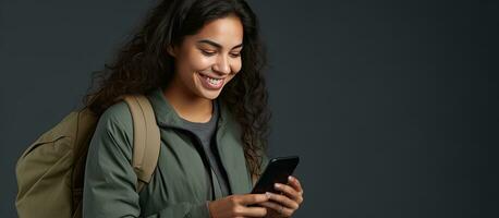 Smiling young Hispanic woman with backpack using mobile phone isolated on gray background with copy space photo