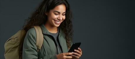 sonriente joven Hispano mujer con mochila utilizando móvil teléfono aislado en gris antecedentes con Copiar espacio foto