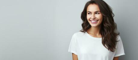 Happy brunette woman in casual smart clothing with a bright smile against a grey background Copyspace available photo