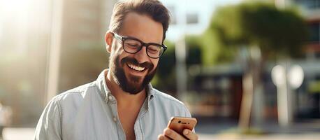 barbado caucásico hombre al aire libre sonriente y utilizando un móvil teléfono a hablar foto