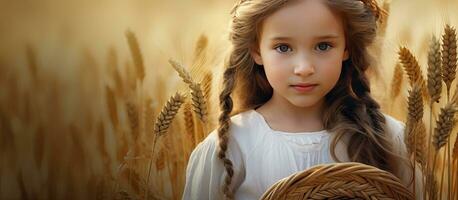 Young girl in wheat field with bread basket and long bread wearing a spikelet wreath photo