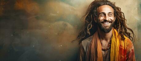 un hippie rastaman es sonriendo en un grunge antecedentes foto