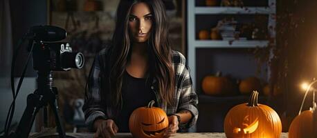 hembra caucásico haciendo un vídeo tutorial corte un Víspera de Todos los Santos calabaza a hogar con un negro peludo y digital cámara foto