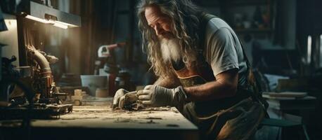 Senior craftsman building leg prosthetics in workshop and screwing joints viewed from the side photo