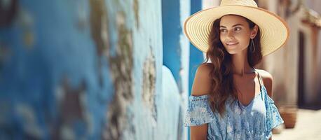 A woman in a summer dress holds a straw hat and smiles at the camera against a blue city wall with summer sun rays photo