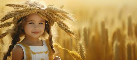 A young girl wearing a ear wreath and holding a bunch of wheat near ripe golden wheat Space for text photo