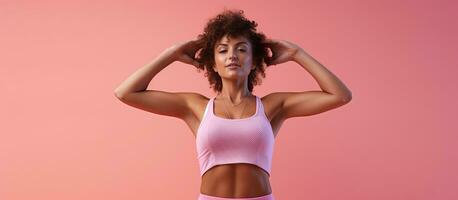 Sporty woman in colorful leotard standing with hands raised pink background sporty lifestyle photo