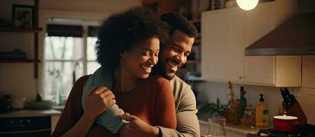 A thankful wife hugs her husband in the kitchen while cooking together photo