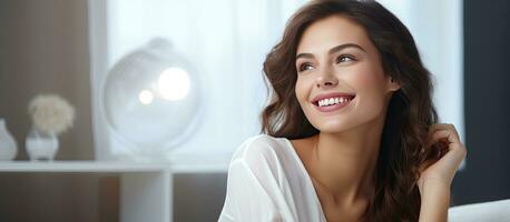 Indoor portrait of a young beautiful brunette woman at home smiling happily Wide composition with space for text Image representing dental health care in photo