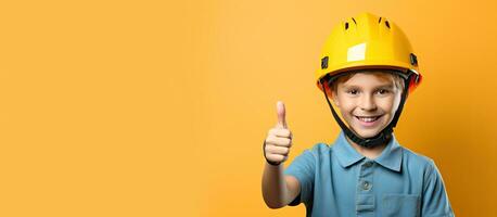 Smiling teen boy with helmet pointing fingers up Space for text photo