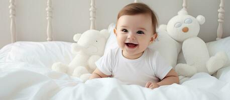 Teething baby with toys on a cotton bed Children s article Empty space photo