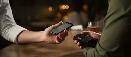 Waiter with card machine at table of three friends paying with mobile credit card photo