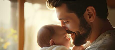 Happy father at home kissing his smiling baby photo